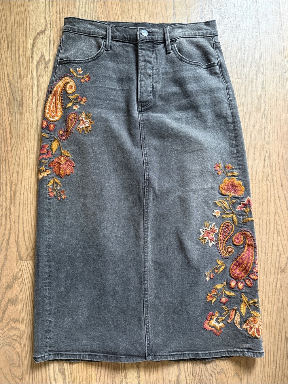 DRIFTWOOD Charcoal Midi Skirt with Orange and Pink Paisley Embroidery